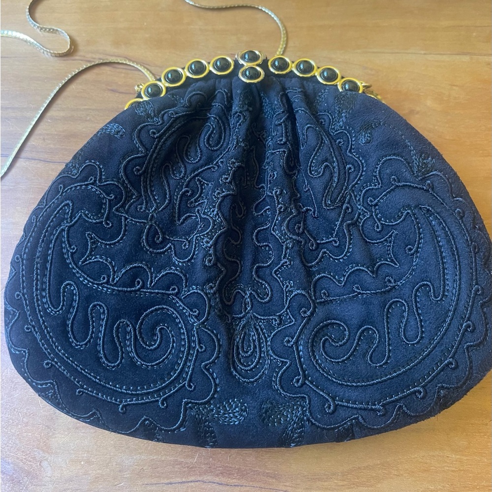 Judith Leiber Vintage Black Velvet Clutch w/ Black Onyx Stones & Gold Chain